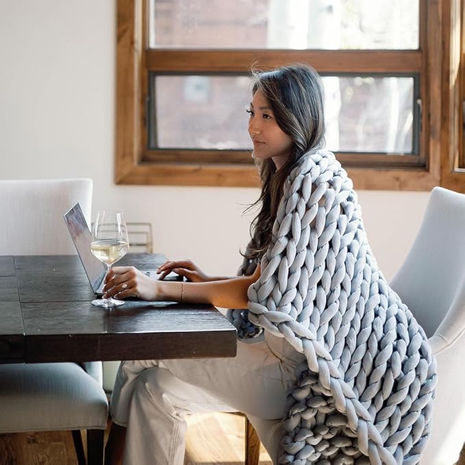 Nuzzie Chunky Knit Blanket - Breathable, Cooling, Hand Made Knit Throw Blanket for Sleep - Machine Washable, Stylish Decor Design (Misty Grey, Full | 16lbs | 48"x72")-Ruum Studio Home
