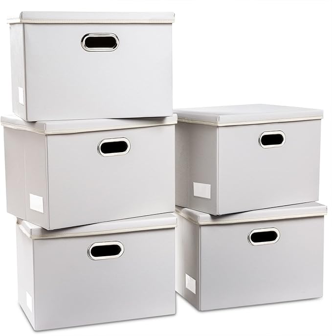 PRANDOM Large Stackable Storage Bins with Lids [5-Pack] Leather Fabric Foldable Storage Boxes Organizer Containers Baskets Cube with Cover for Bedroom Closet Office Nursery White (17.7x11.8x11.8)-Ruum Studio Home