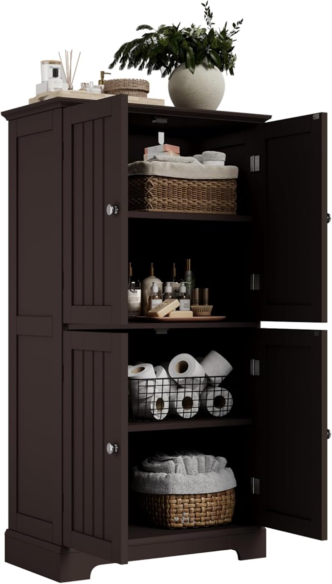 ChooChoo Bathroom Floor Cabinet, Modern Bathroom Storage Cabinet with 4 Doors and Adjustable Shelves, Freestanding Cupboard for Living Room, Espresso-Ruum Studio Home