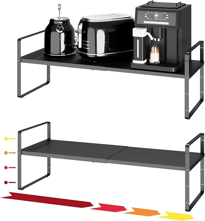 16.5~27.1" Expandable Shelf Organizer, 2Pack 10.2" Wide Stackable Cabinet Shelf Organizers, Black Metal Sturdy Kitchen Counter Storage for Countertop, Adjustable Height Spice Rack-Ruum Studio Home