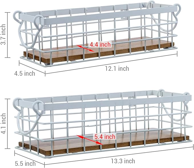 MyGift 13 and 12 Inch Nesting Storage Baskets with Handles, Wall Mounted or Tabletop White Metal Wire and Premium Acacia Wood Decorative Shelf Organizer Bins, 2 Piece Set-Ruum Studio Home