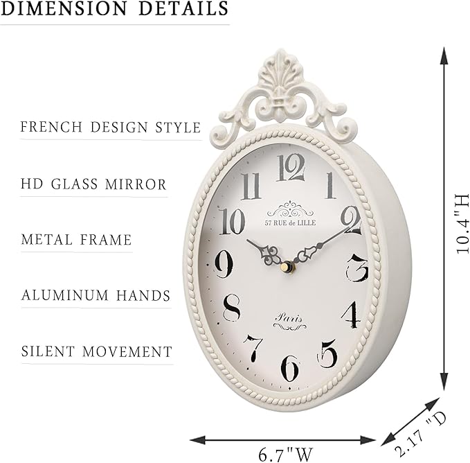 Abdurey Small French Retro Decorative Wall Clock, Ivory White Vintage Oval Style,Silent Battery Operated Boho Decor Wall Clocks for Farmhouse,Kitchen,Bedroom,Bathroom(10.4" H x 6.7" W)-Ruum Studio Home