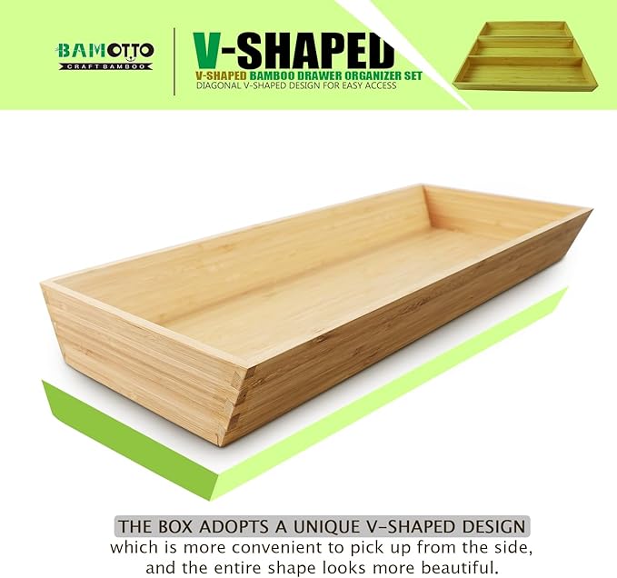 2-Piece V-Shaped Bamboo Drawer Organizer - Ideal for Kitchen's Large Long Tableware, Cooking Utensils, Flatware, Silverware - Wood Storage Box for Home, Bedroom, Bathroom (19.6"x12.4" & 19.6"x7.8")-Ruum Studio Home