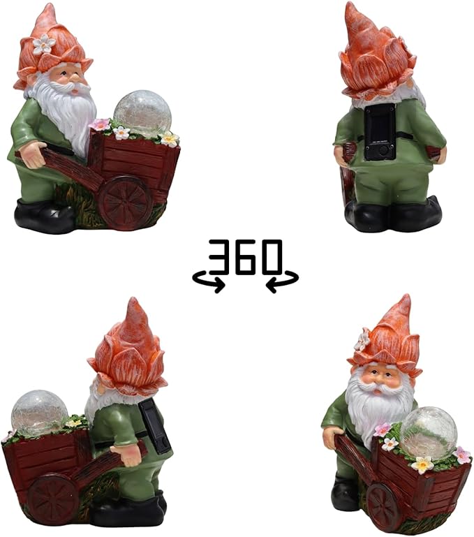 Solar Garden Gnome Statue with Crackle Glass Globe Lights, Waterproof Outdoor Decor for Patio, Lawn, or Yard, Whimsical Housewarming Gift(Green Gnomes)-Ruum Studio Home