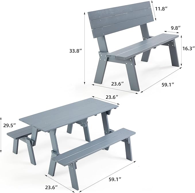 AVAWING Outdoor Convertible Wood Bench with Backrest, Patio Wood Convert a Bench, Space-Saving 2-in-1 Picnic Table Chairs Set for Backyard, Porch, Patio, Garden, Grey-Ruum Studio Home