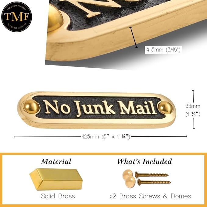 No Junk Mail Metal Brass Door Sign. Traditional Style Home Décor Wall Plaque Handmade By The Metal Foundry UK.-Ruum Studio Home