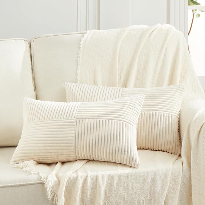 Fancy Homi 2 Packs Cream Lumbar Decorative Throw Pillow Covers 16x32 Inch for Living Room Couch Bed Sofa, Rustic Farmhouse Boho Home Decor, Soft Striped Corduroy Rectangle Accent Cushion Case 40x80 cm-Ruum Studio Home