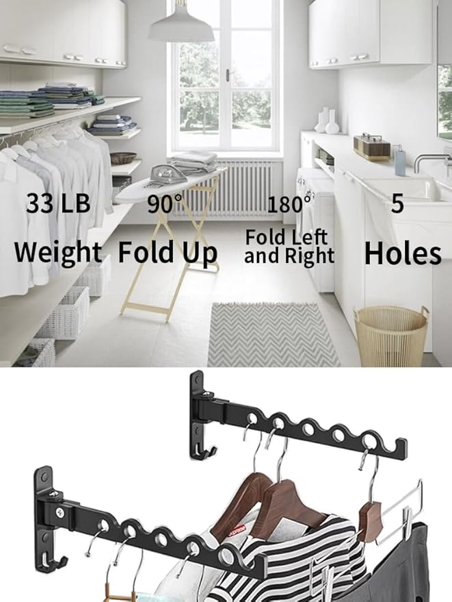 Dr.DJ Wall Hanger for Clothes, Coat Hanger Mounted Matte Black Retractable Clothes Drying Organizer Rack Garment Hooks Aluminium Folding Indoor Space Saver (2 Racks) Black-Ruum Studio Home