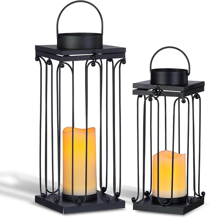 Solar Lantern Decorative Outdoor Set of 2 (18’’ & 15’’) Modern Black Metal Lanterns with Solar Candles, Decorative Candle Lanterns for Outdoor Porch, Patio, Garden, Yard Decor-Ruum Studio Home