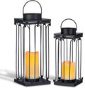 Solar Lantern Decorative Outdoor Set of 2 (18’’ & 15’’) Modern Black Metal Lanterns with Solar Candles, Decorative Candle Lanterns for Outdoor Porch, Patio, Garden, Yard Decor-Ruum Studio Home