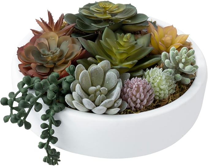 MyGift 8 Inch Round Modern Artificial Succulent Arrangement Potted in White Concrete Plant Bowl, Assorted Faux Mini Succulents in a Decorative Planter Pot-Ruum Studio Home