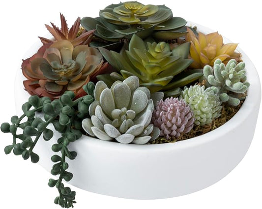 MyGift 8 Inch Round Modern Artificial Succulent Arrangement Potted in White Concrete Plant Bowl, Assorted Faux Mini Succulents in a Decorative Planter Pot-Ruum Studio Home