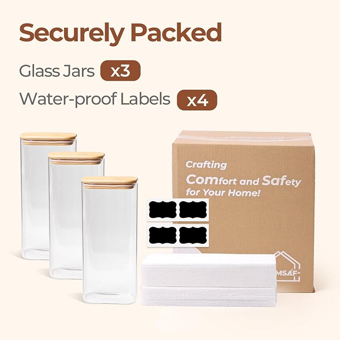 ComSaf 2 Qt Rectangle Glass Storage Containers with Lids, Glass Jars with Bamboo Lids, Clear Food Jar, Square Canister Set of 3, Pantry Organizers and Storage for Flour Pasta Coffee Bean-Ruum Studio Home
