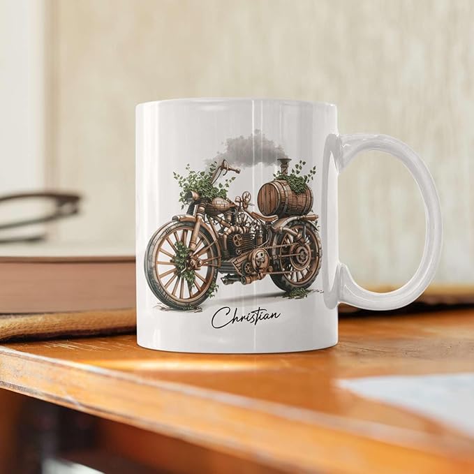 Customized Steampunk Motorcycle Mug With Vintage Design, Personalized Choose Name Coffee Cup 11oz Or 15oz, Custom Steampunk Mug, Unique Steam Engine White Ceramic Mug, Gift For Dad-Ruum Studio Home