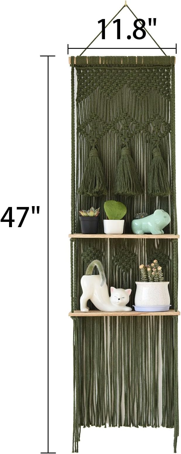 Hanging Shelf Macrame Wall Hanging Green Boho Shelfs with Tassels 2 Tier Floating for Plants Bedroom Dorm Living Room Wall Decor Rustic Wooden Organizer(Wood)-Ruum Studio Home