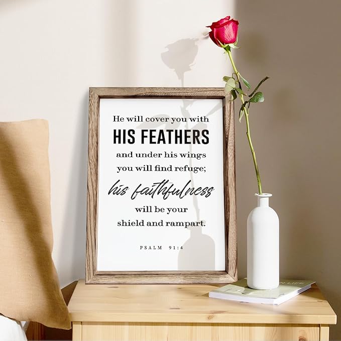 Christian Decor Signs, Framed Wall Plaque Sign 15 * 11.5 inches, Religious Home Decor, Inspirational Christian Gift for Him, He will Cover You with His Feathers Sign-Ruum Studio Home