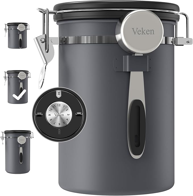 Veken Coffee Canister, Airtight Stainless Steel Kitchen Food Storage Container with Date Tracker and Scoop for Grounds Coffee, Beans, Tea, Flour, Cereal, Sugar, Cookies Jars, 22OZ Gray-Ruum Studio Home