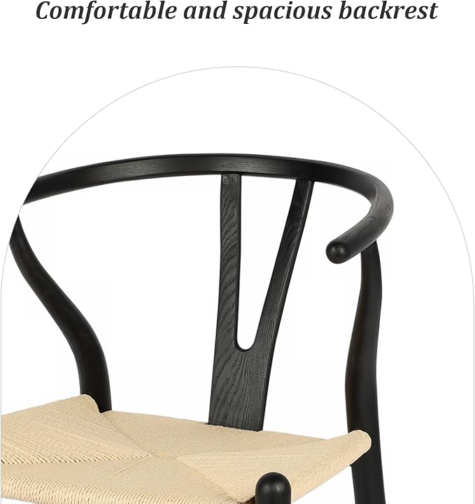 Wishbone Chair Natural Solid Wood Dining Chair/Hans Wegner Y Chair Rattan and Wood Accent Armrest Chairs - Ash Wood Chairs Set of 1 (Ash Wood - Black + Natural Color)-Ruum Studio Home