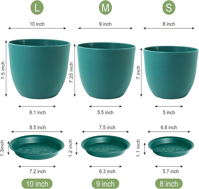 Flower Pots 10/9/8 inch, Set of 3 Modern Decorative Plastic Planters with Drainage Holes and Tray for House Plants Indoor Flowers Plants, Plant Pots for Indoor Outdoor Plants, Blue Green-Ruum Studio Home