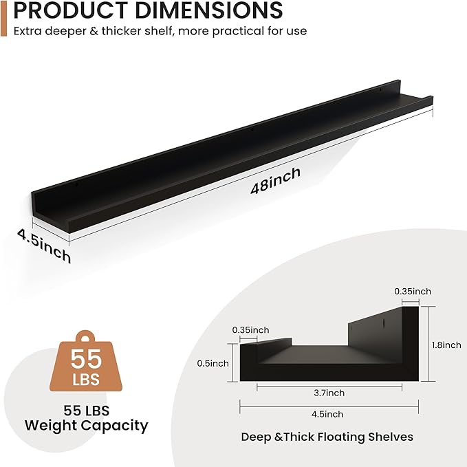 Fun Memories Picture Ledge Shelves Set of 2, 48 Inch Rustic Wall Mounted Floating Shelves with Lip for Home Storage and Décor in Bathroom, Kitchen, Nursery, Bedroom, Living Room, Black-Ruum Studio Home