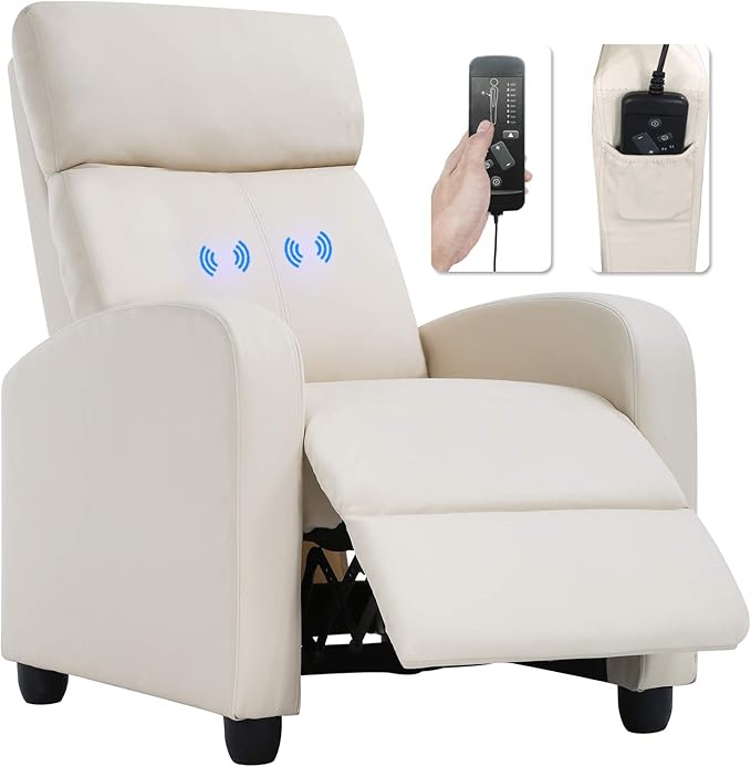 BestMassage | Recliner Chair | with 2 Point Massage Function | Pu Beige | with Lumbar Support, Adjustable Push Back, Footrest & Padded Seat | Easy Assembly | for Living Room, Home Theatre-Ruum Studio Home