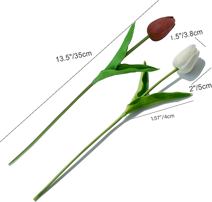 Mandy's Artificial Tulips 20 Stems White and Brown PU Faux Flowers for Wedding Home Decor 13.5 Inch-Ruum Studio Home