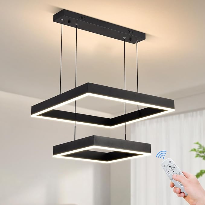 Modern Led Rectangle Chandelier for Dining Room, Dimmable Black Modern Chandelier with Remote, Adjustable Foyer Lighting Fixture-Ruum Studio Home