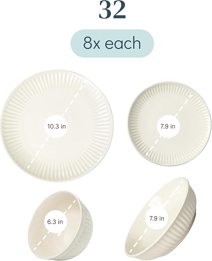Stoneware Dinnerware Set for 8 People HYGGE 32-Piece - Elegant Scandi Design - Premium Dish Set - Bowl and Plate Set - Tableware for 8 People in a Ribbed Design - Pure Living in Beige-Ruum Studio Home