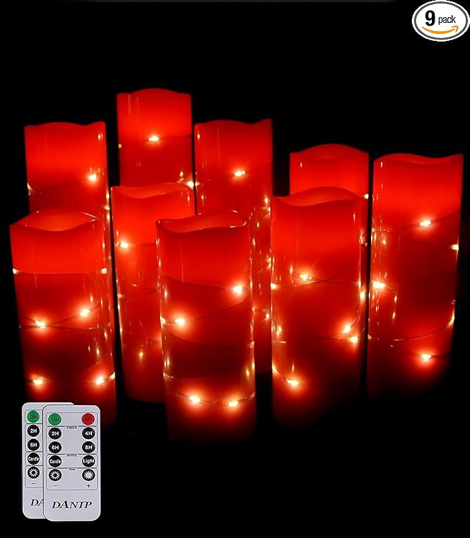 danip red flameless Candle, Built-in Star Cluster, 9 LED Candles, 11 Button Remote Control, 24-Hour Cycle Timer, Flashing Flame, Real Wax, Battery Powered. (Starry Sky Series)-Ruum Studio Home
