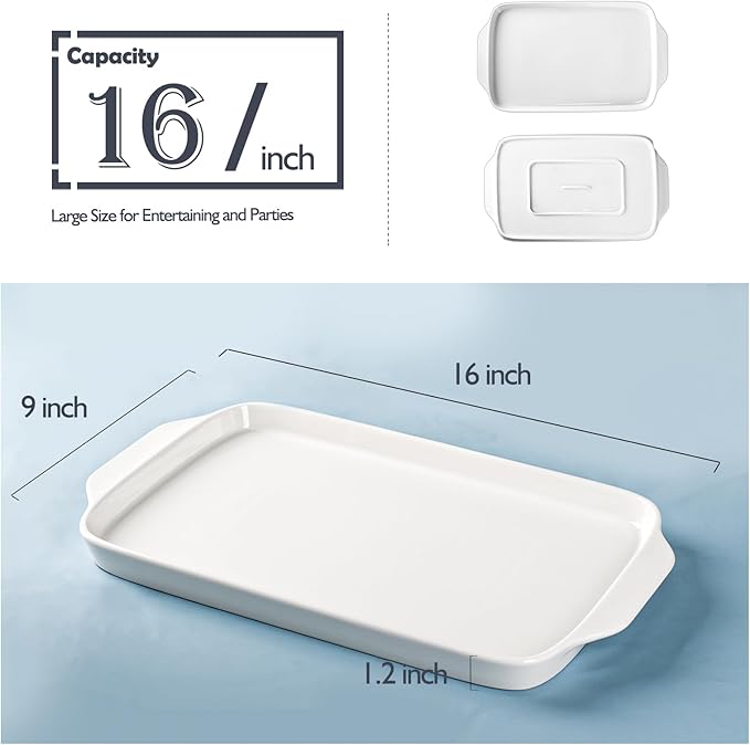 Dizada Large Serving Platter with Handles, 16" x 9" Porcelain Serving Tray, White Rectangular Platters for Entertaining & Serving Food, Serving Trays for Party, Appetizer, Charcuterie - Set of 3-Ruum Studio Home