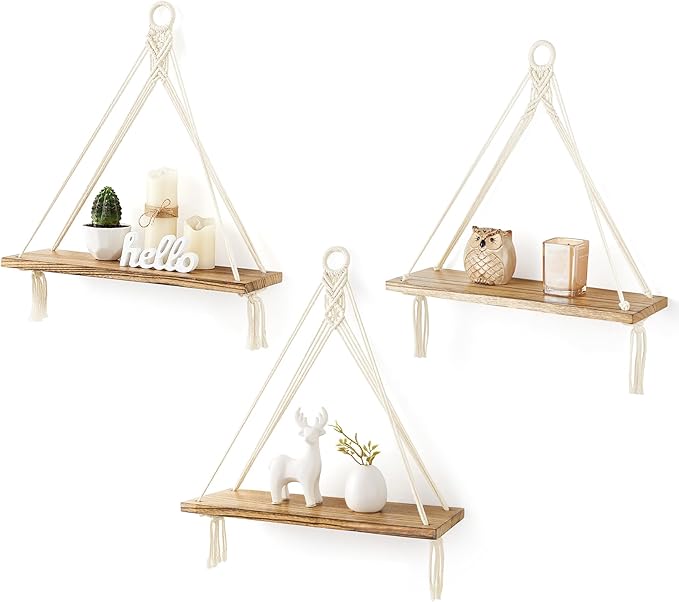 Mkono Macrame Hanging Shelves Boho Wall Decor Set of 3 Rustic Wood Floating Storage Shelf for Bedroom Bathroom Living Room Nursery Dorm Room, Display Shelving for Hanging Plants Photos-Ruum Studio Home