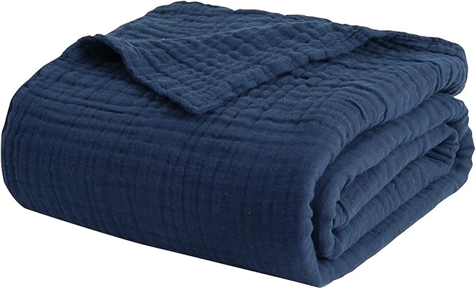 EMME Cotton Blanket Queen Size for Bed Soft Large Muslin Bed Blankets 90"x90" Lightweight Breathable All Season Gauze Blanket, Navy-Ruum Studio Home