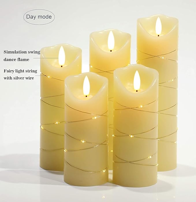 danip flameless Candle, with Embedded String Lights, 5-Piece LED Candles, with 10-Key Remote Control, 24-Hour Timer Function, Dancing Flame, Real Wax, Battery-Powered. (Ivory White)-Ruum Studio Home
