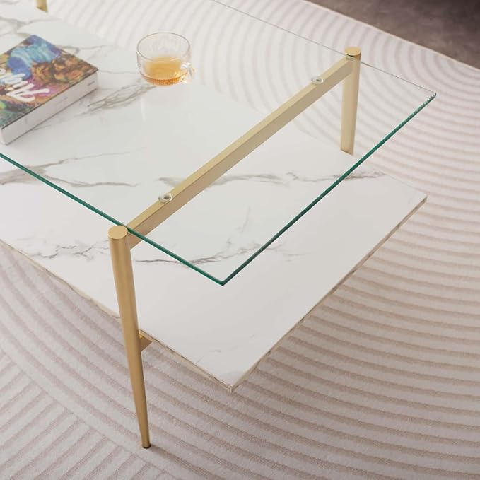 Rectangle Coffee Table for Living Room, Mid-Century Modern Design, L41 x W21 x H17, 2-Tier Structure, Clear Glass Top and White Marble Finish Wood Shelf, Conical Legs with Gold Finish-Ruum Studio Home