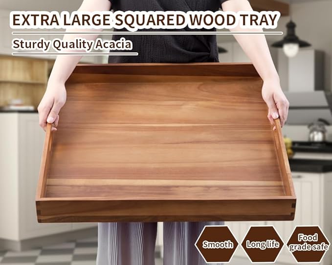 Extra Large Square Wood Tray, Generously 22" Acacia Serving Trays for Large Ottoman Coffee Table, Giant Square Shape Sofa Tray with Handles, Kitchen Organizer Storage Trays Huge Counter Serveware-Ruum Studio Home