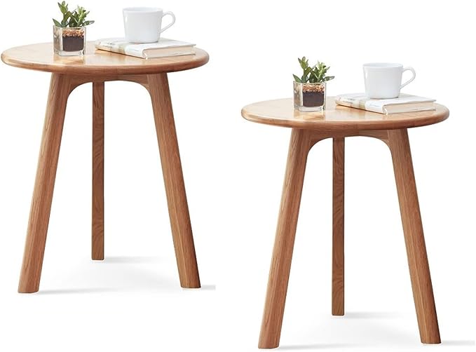 100% Solid Oak Round Side Table Set of 2, Small Bedside Table for Small Spaces, Living Room End Table with Stable Frame, Modern Nightstand for Bedroom Couch(Natural, 17.71" D x 19.68" H)-Ruum Studio Home