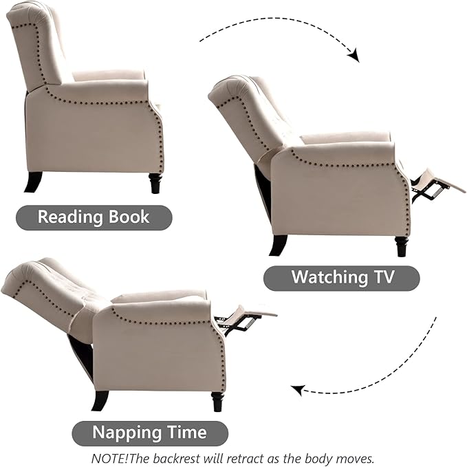 CANMOV Push Back Recliner Chair,Accent Chair,Mid Century Wingback Recliner, Fabric Push Back Recliner Chair Single Armchair Sofa with Rivet Decoration, Button-Tufted Back for Living Room, White-Ruum Studio Home