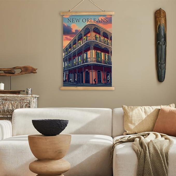 WREVERW Vintage New Orleans Poster Canvas Print with Wooden Hanger Frame, Featuring French Quarter Architecture and Iconic Iron Balconies, Wall Art for Home and Office Decor, 16x23 inches-Ruum Studio Home