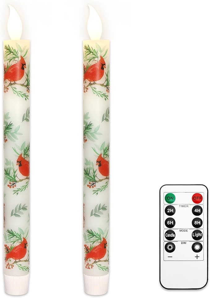 Cardinal Bird Flameless Taper Candles with Remote - Red Bird Theme LED Taper Candles for Home Xmas Holiday Party Christmas Decoration - 2PCS 9.5INCH-Ruum Studio Home