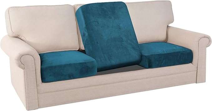 PrinceDeco Stretch Sofa Cushion Covers for Couches and Sofas,Soft Velvet Couch Seat Covers, Sofa Covers Washable, Seat Cushion Cover for 3 Couch Sofa Pet Friendly - Deep Teal, Each Width Up to 29.5"-Ruum Studio Home