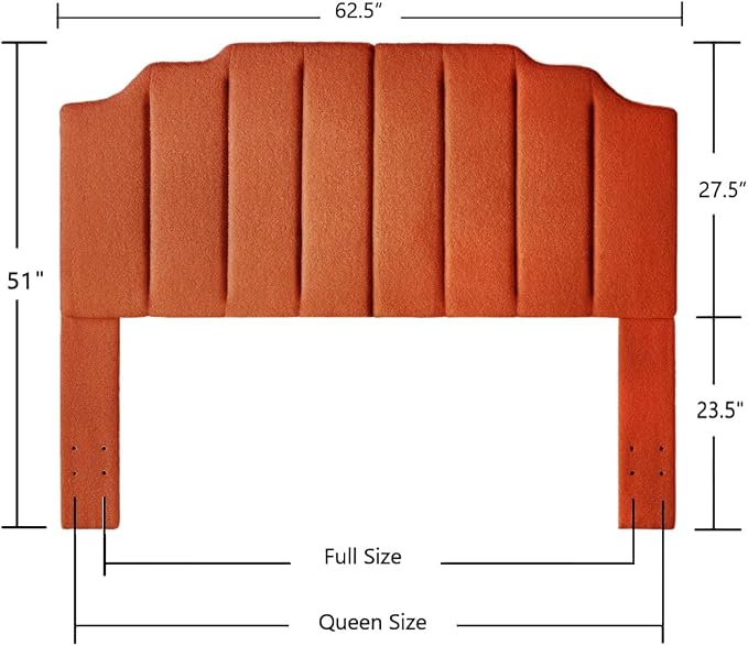 24KF Orange Teddy Fabric Tufted for Queen Upholstered Headboard, Modern Vertical Channel Design Full Headboard with Stepped Silhouette Top Edge,6026-Q-Teddy Orange-Ruum Studio Home