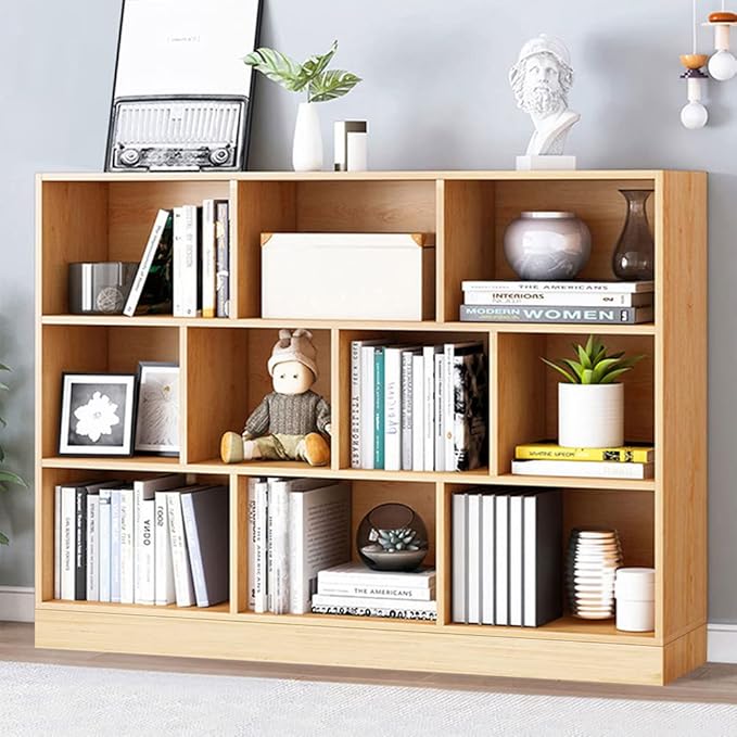 IOTXY Open Shelf Low Bookcase - Wooden 3-Tier Floor Standing Display Cabinet Organizer with Base, 10 Cubes Short Horizontal Bookshelf in Pear Yellow-Ruum Studio Home