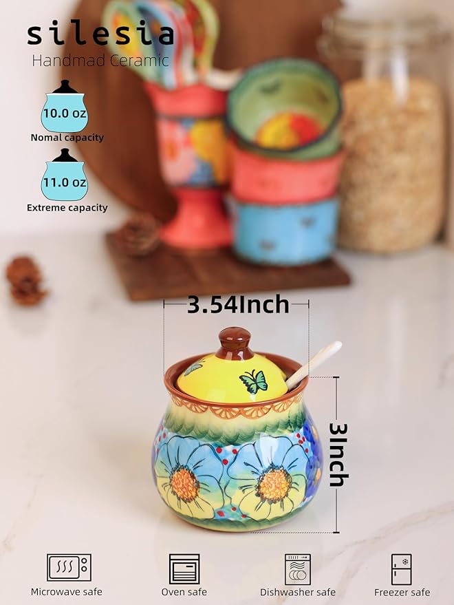 silesia Handmade Sugar Bowl with Lid and Spoon, 9 Ounce Ceramic Hand-Painted Sugar Jar for Home in Gift Box, Kitchen Decor, Oven, Dishwasher & Microwave Safe, Glazed Yellow-Ruum Studio Home