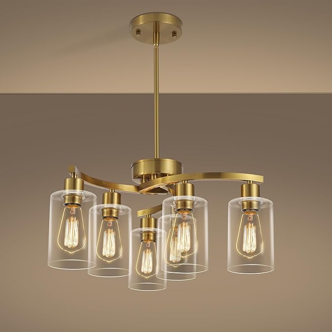 6-Light Gold Chandeliers for Dining Room, Modern Kitchen Island Light Fixtures Over Table, Metal Hanging Pendant Lighting for Living Room Stairwell Entryway Bedroom, Clear Glass Shade-Ruum Studio Home