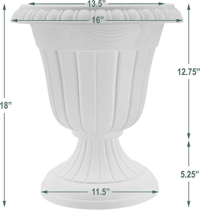 PL00GY Classic Traditional Plastic Urn Planter Indoor/Outdoor, 16" x 18", Gray-Ruum Studio Home