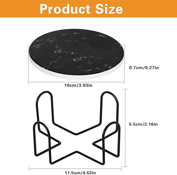 Drink Coasters with Holder Absorbent Ceramic Coasters Set of 6 Black Marble Style, 4 Inches Suitable for Kinds of Cups and Outdoor Picnic-Ruum Studio Home