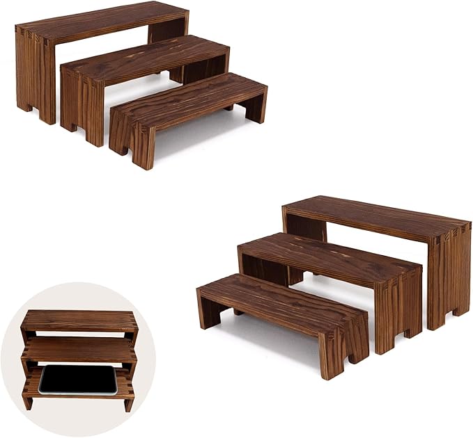 Display Wood Risers Wooden Stand 3 Tier Wood Racks Decorative Rectangular, 2 Set 6 Piece Cupcake Stands Cologne Perfume Organizer Dessert Showcase(Brown)-Ruum Studio Home