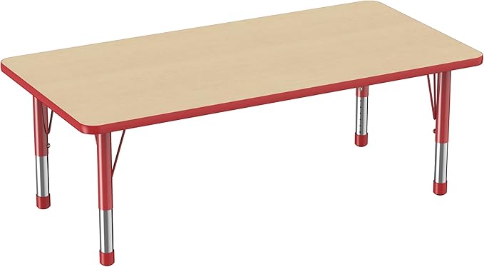 Factory Direct Partners FDP Rectangle Activity School and Classroom Kids Table (30 x 60 inch), Toddler Legs, Adjustable Height 15-24 inches - Maple Top and Red Edge-Ruum Studio Home
