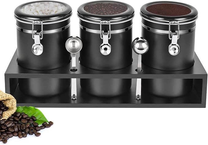 Yangbaga 3x63OZ Sugar Coffee Canisters with Shelf, 304 Stainless Steel Coffee Station Container for Ground Coffee Bean Storage with Airtight Locking Clamp&Scoop, Cereal Containers Storage for Kitchen-Ruum Studio Home