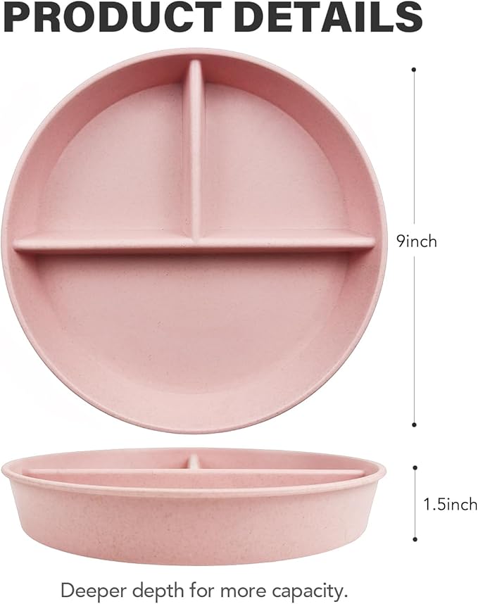 greenandlife 9 Inch 4PCS Divided Plates with Lids, Portion Control Plates for Kids Adults, Dishwasher Microwave Safe Compartment Plate, Unbreakable Lightweight Reusable Wheat Straw Plate Set, INS-Ruum Studio Home